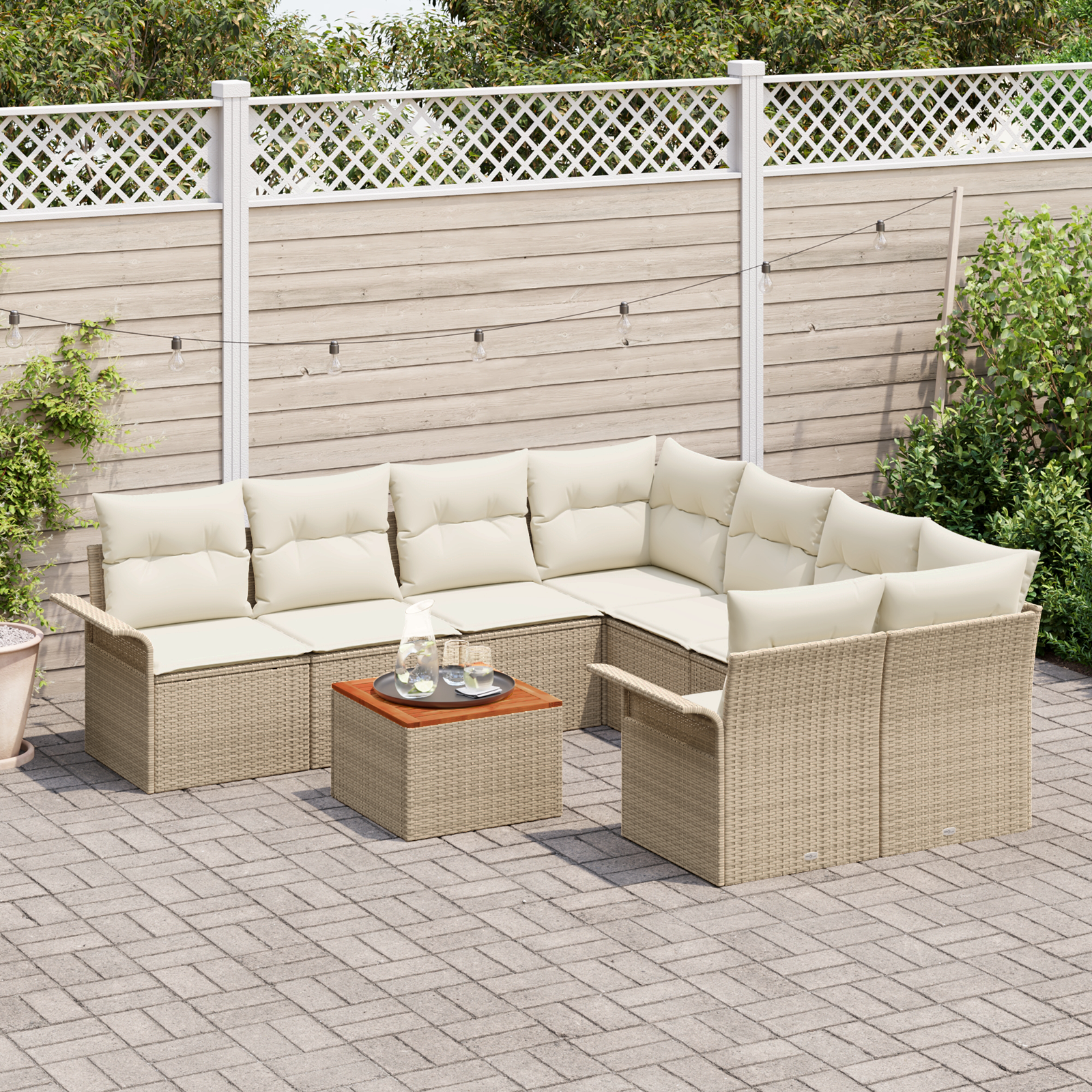 Set di divani da giardino 9 pezzi con cuscini Beige Polyrattan Acacia