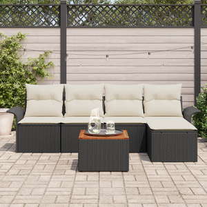 Set di Divani da Giardino 6 Pezzi con Cuscini Nero Polyrattan Acacia