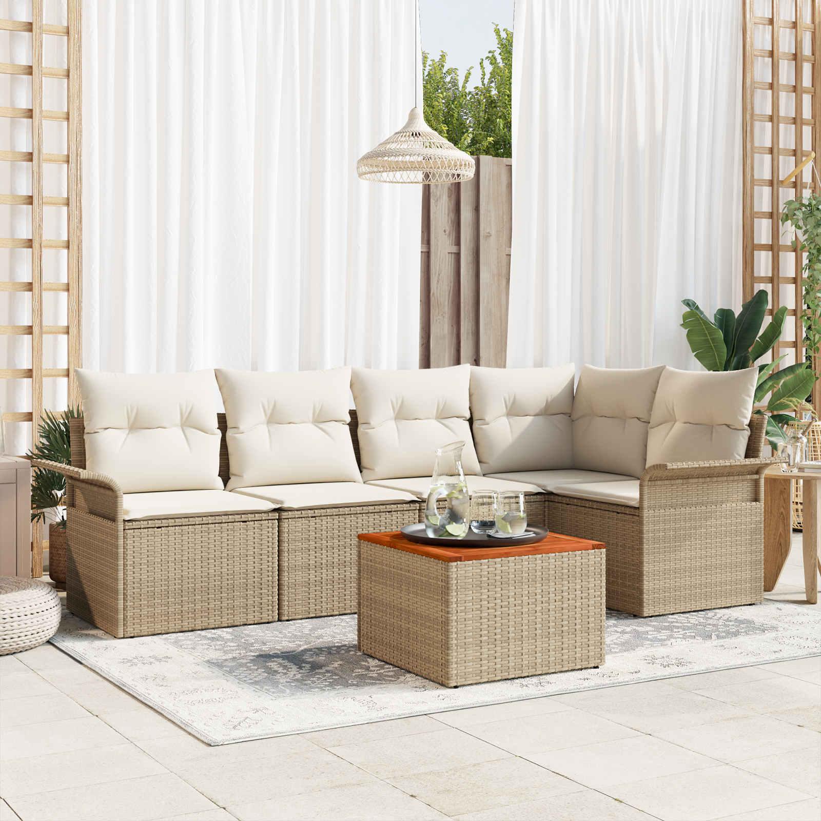 Set Divano da Giardino 6 Pezzi con Cuscini Beige in Poly Rattan Acacia