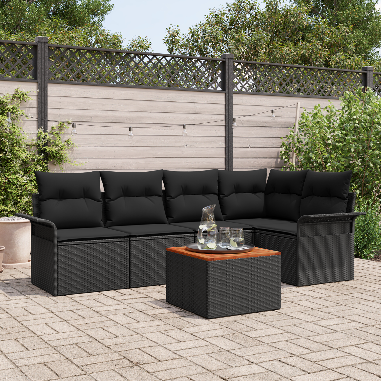 Set Divano da Giardino 6 Pezzi con Cuscini in Rattan Nero Poly