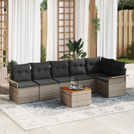 Set di Sofà da Giardino a 7 Pezzi con Cuscini Grigi Polyrattan Acacia