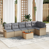 Set Divano da Giardino da 7 Pezzi con Cuscini Beige Polirattan Acacia