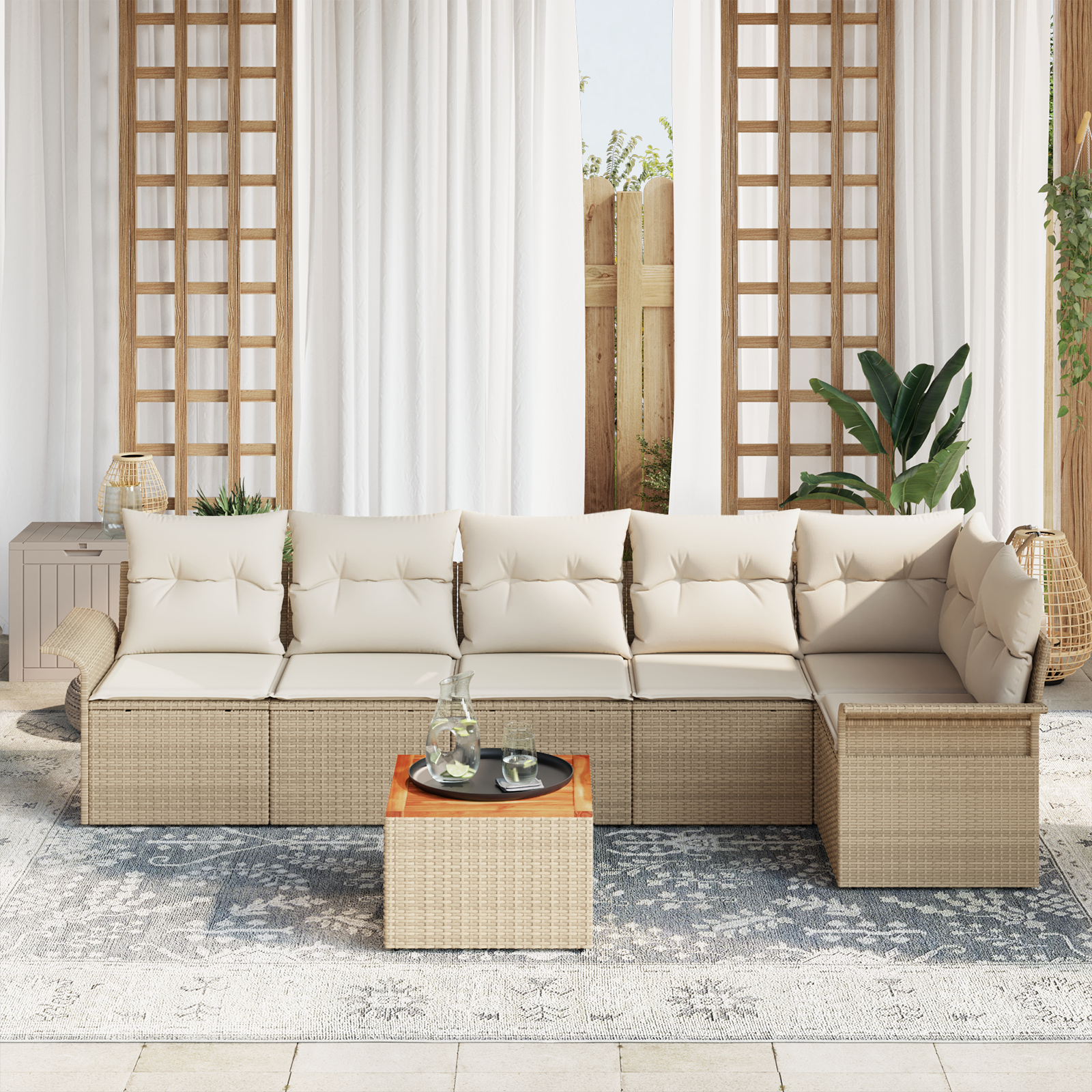 Set Divano Giardino da 7 Pezzi con Cuscini Beige Rattan Acacia