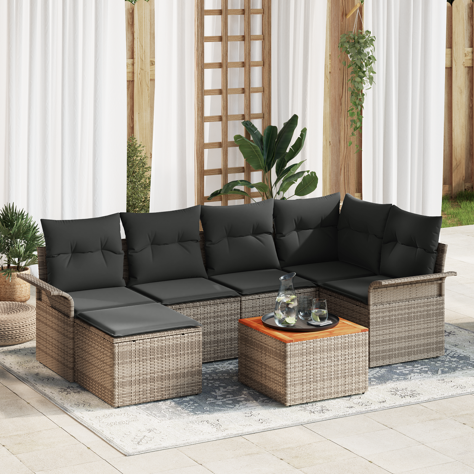 Set Divano Giardino  7 Pezzi con Cuscini Grigio Polyrattan Acacia