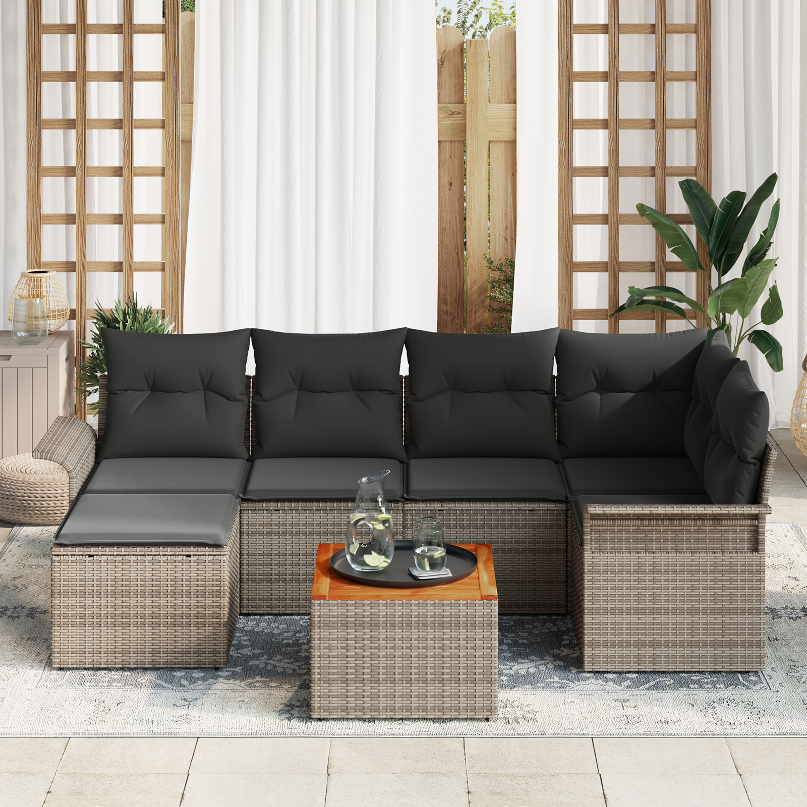 Set Divano Giardino  7 Pezzi con Cuscini Grigio Polyrattan Acacia