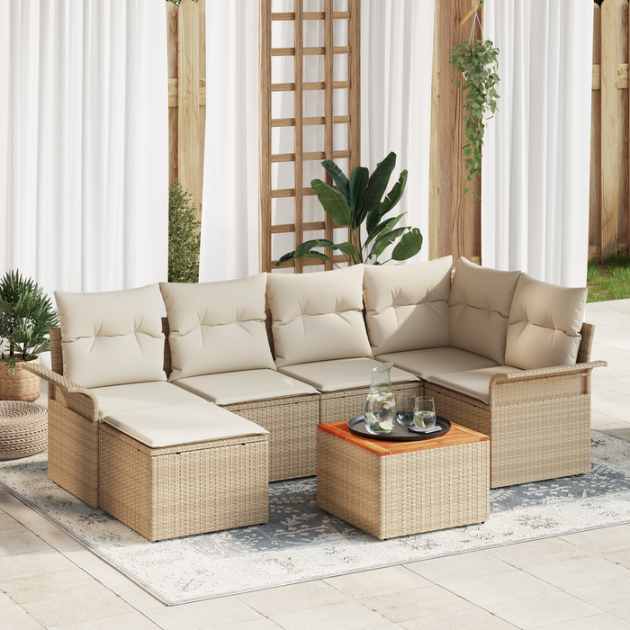 Set di Divani da Giardino  7 Pezzi con Cuscini Beige Polyrattan Acacia