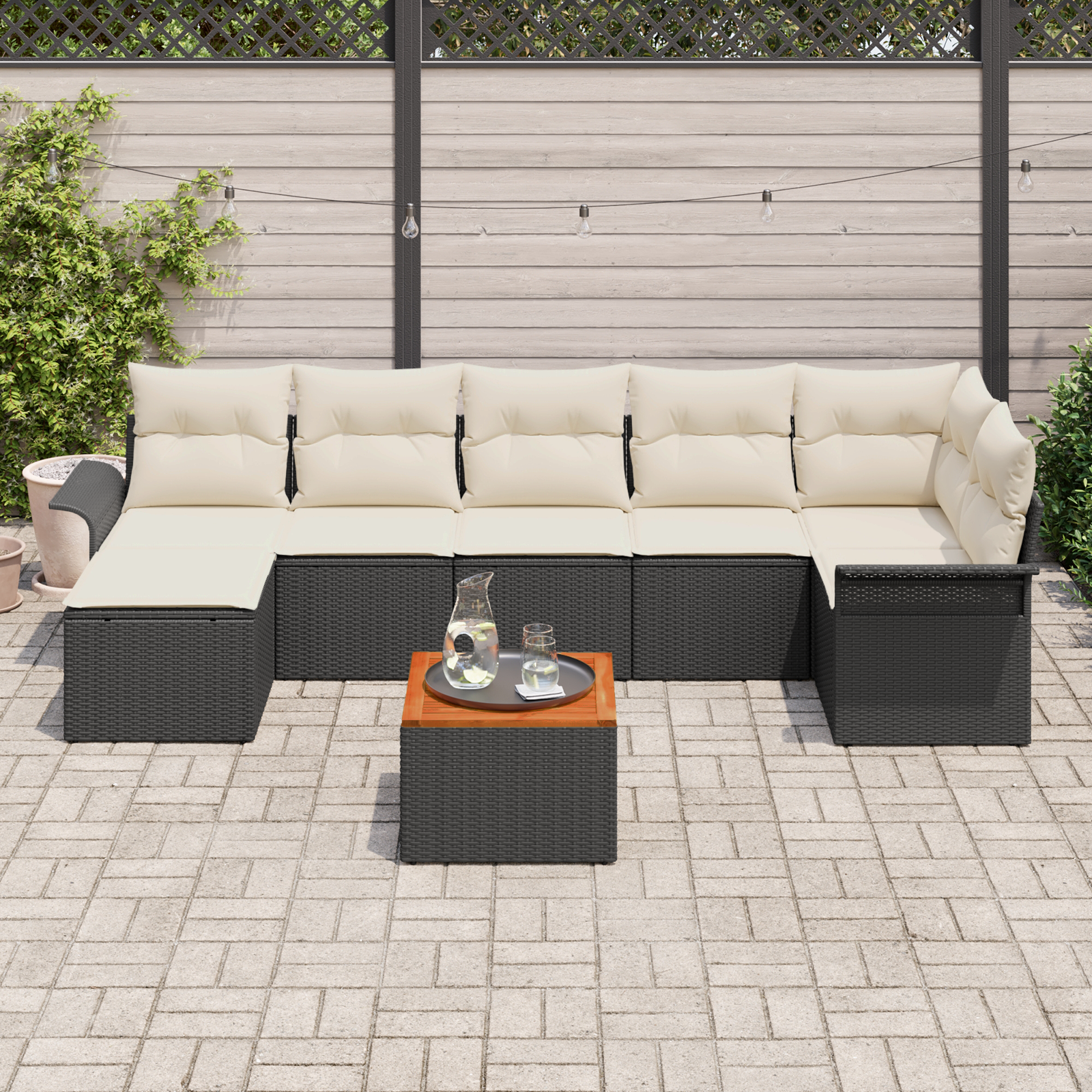 Set Divano da Giardino  8 Pezzi con Cuscini Nero Polyrattan Acacia