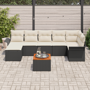 Set Divano da Giardino  8 Pezzi con Cuscini Nero Polyrattan Acacia