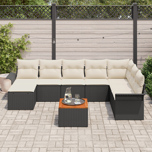 Set giardino  9 pezzi cuscini neri polyrattan acacia