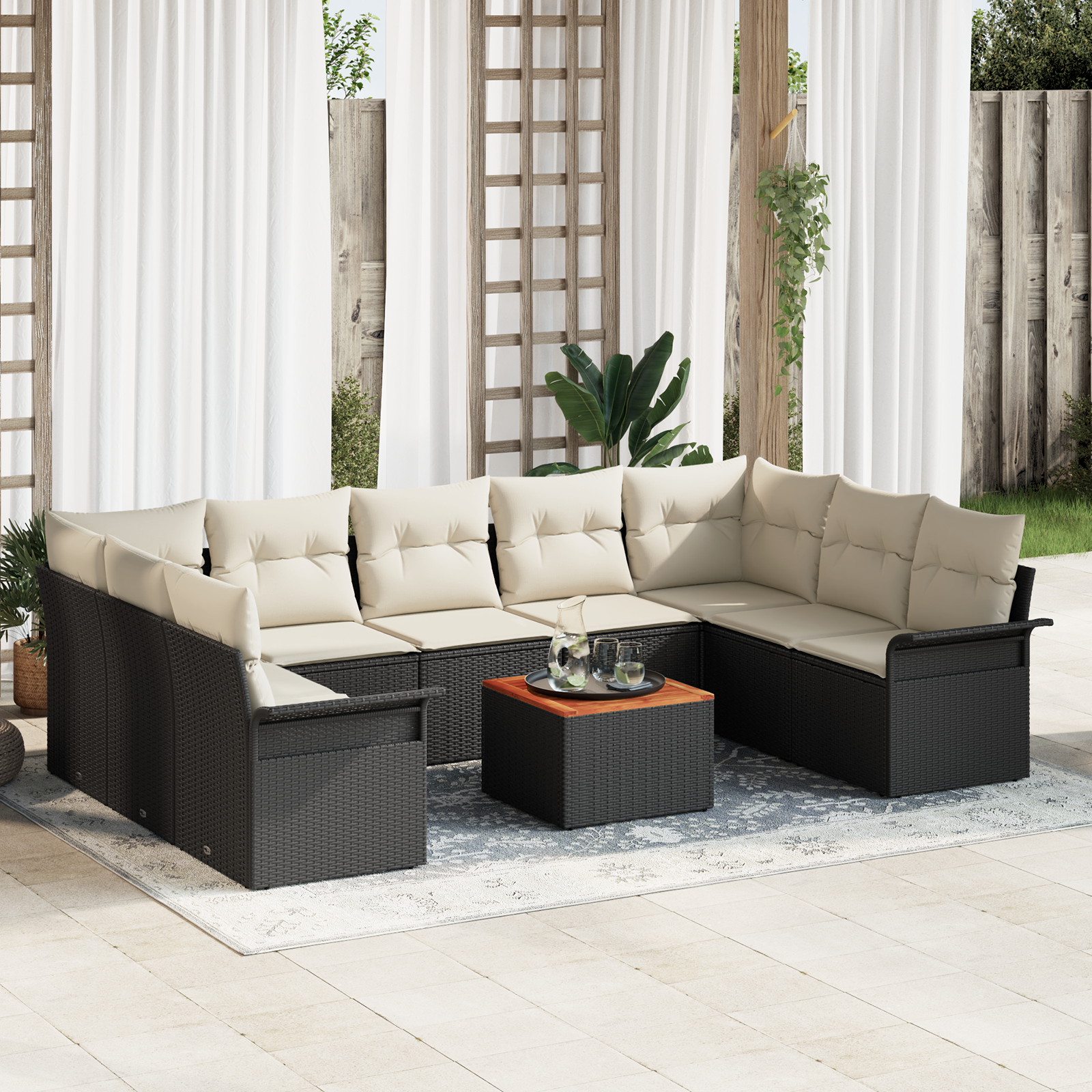 Set Divano da Giardino  da 10 Pezzi con Cuscini Nero Polyrattan Acacia