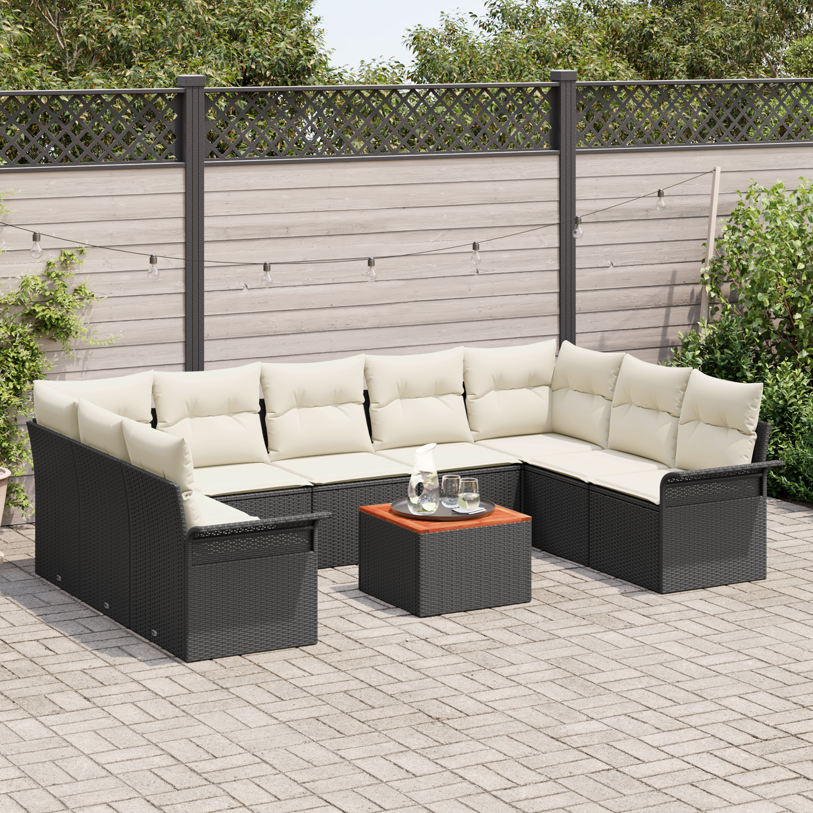 Set Divano da Giardino  da 10 Pezzi con Cuscini Nero Polyrattan Acacia