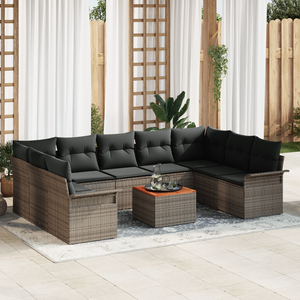 Set Divano da Giardino a 10 Pezzi con Cuscini Grigio Rattan Sintetico Acacia