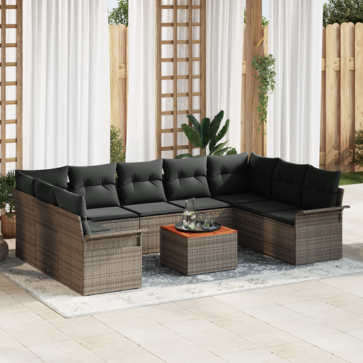 Set Divano da Giardino a 10 Pezzi con Cuscini Grigio Rattan Sintetico Acacia