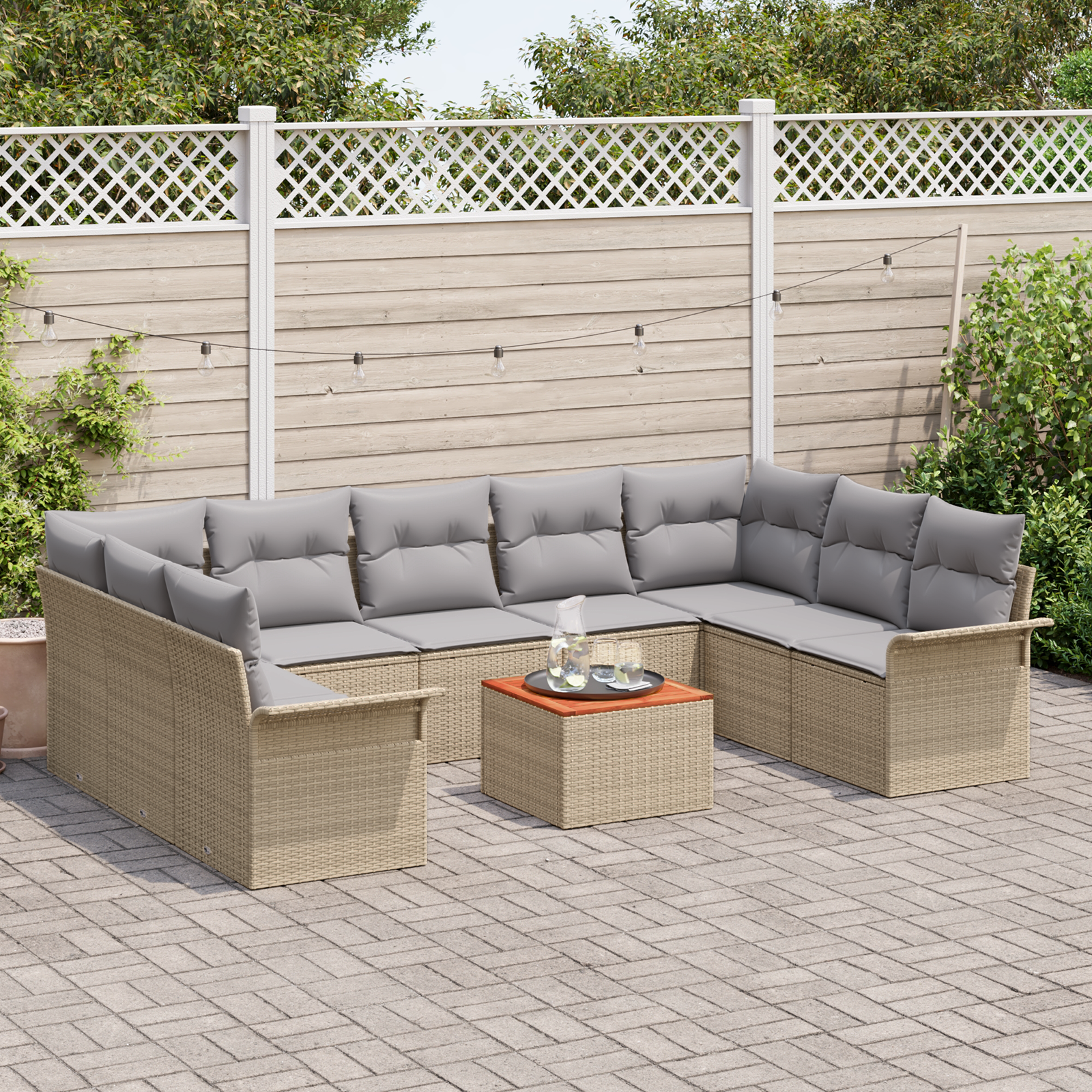 Set Divano da Giardino  10 Pezzi con Cuscini Beige Polyrattan Acacia