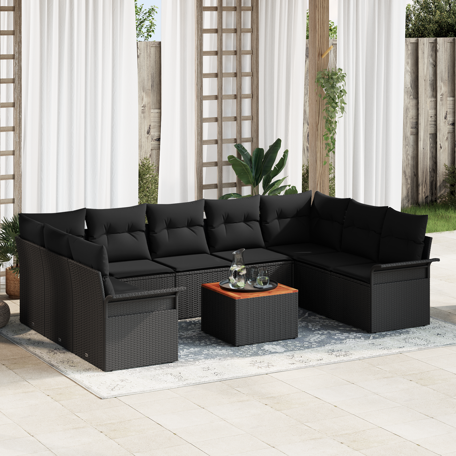 Set Divano da Giardino  10 pezzi con cuscini Nero Polyrattan Acacia
