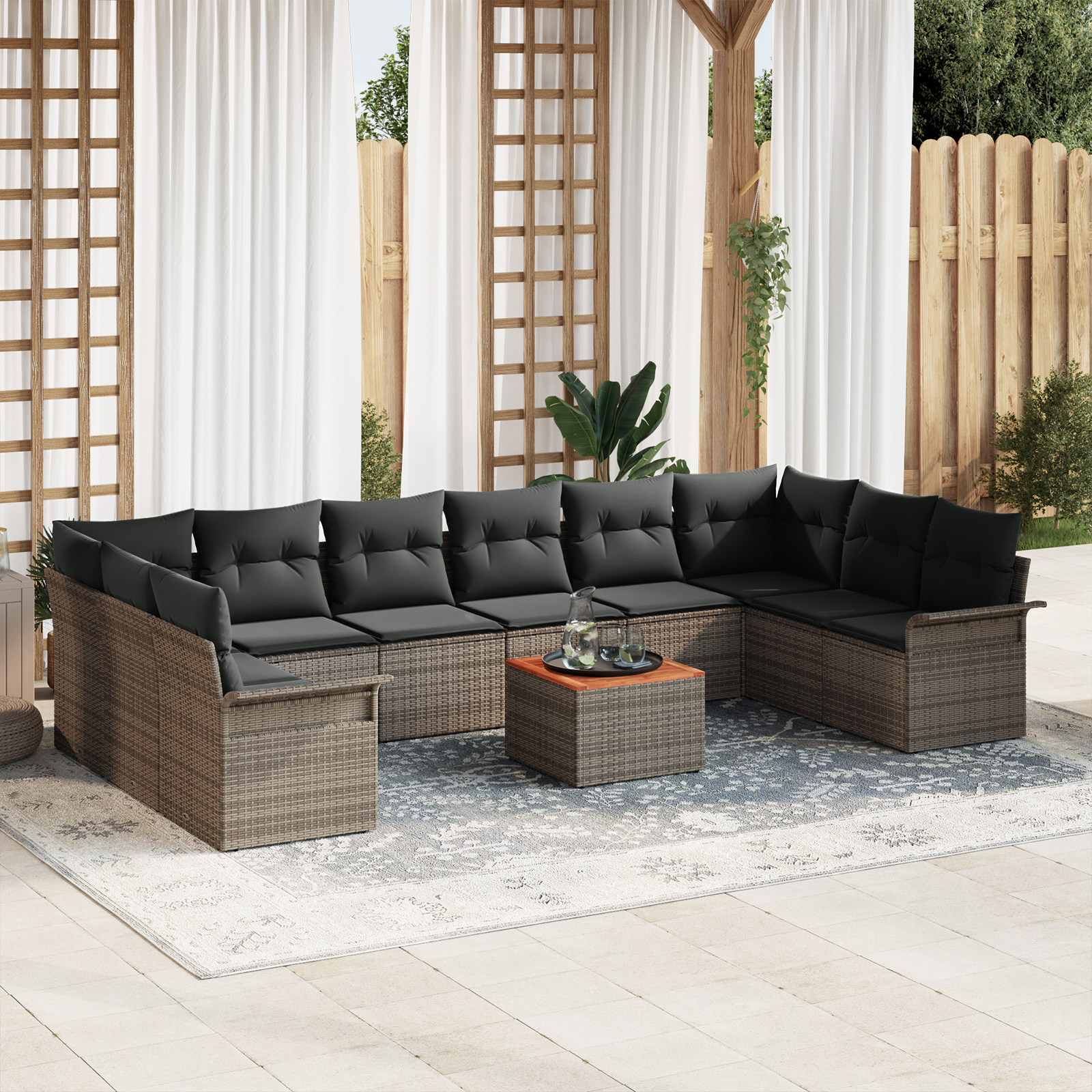Set Divano da Giardino di 11 Pezzi con Cuscini Grigio Polyrattan Acacia