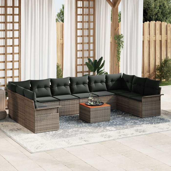 Set Divano da Giardino di 11 Pezzi con Cuscini Grigio Polyrattan Acacia