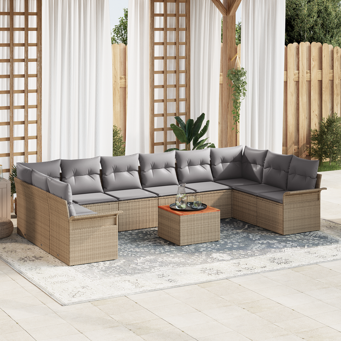 Set Divano da Giardino  11 Pezzi con Cuscini Beige Rattan Polietilene Acacia