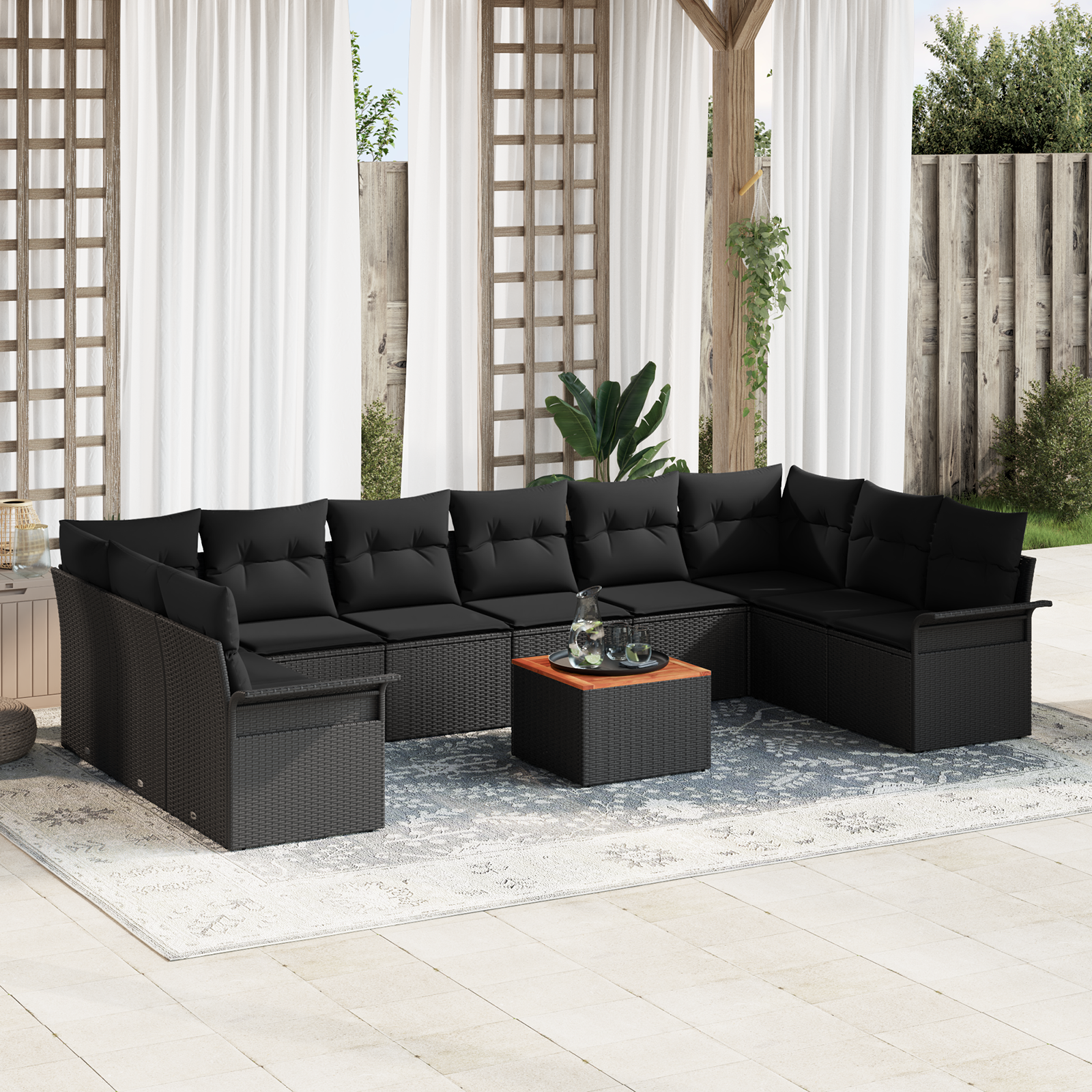 Set di 11 Pezzi Divano da Giardino con Cuscini Nero Polyrattan Acacia