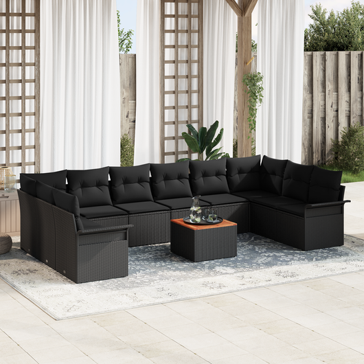 Set di 11 Pezzi Divano da Giardino con Cuscini Nero Polyrattan Acacia