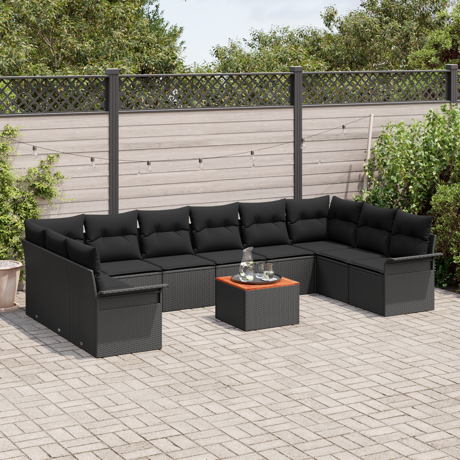 Set di 11 Pezzi Divano da Giardino con Cuscini Nero Polyrattan Acacia