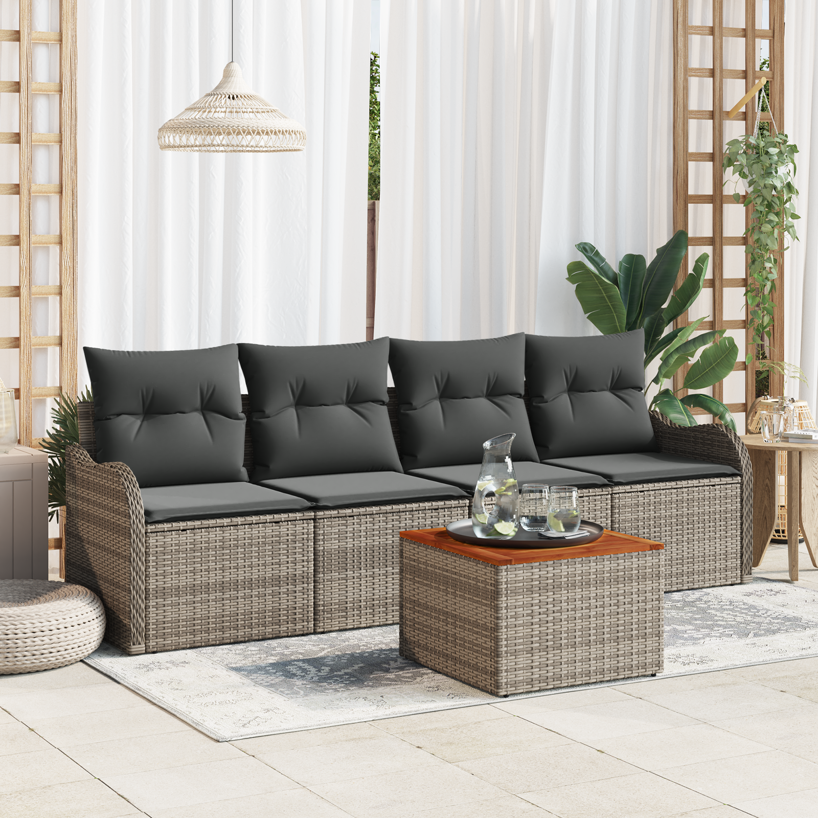 Set Divano da Giardino 5 Pezzi con Cuscini Grigio Polyrattan Acacia