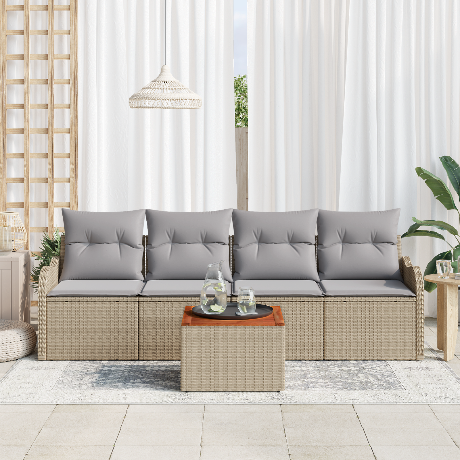 Set divani da giardino  5 pezzi con cuscini Beige Rattan Sintetico Acacia