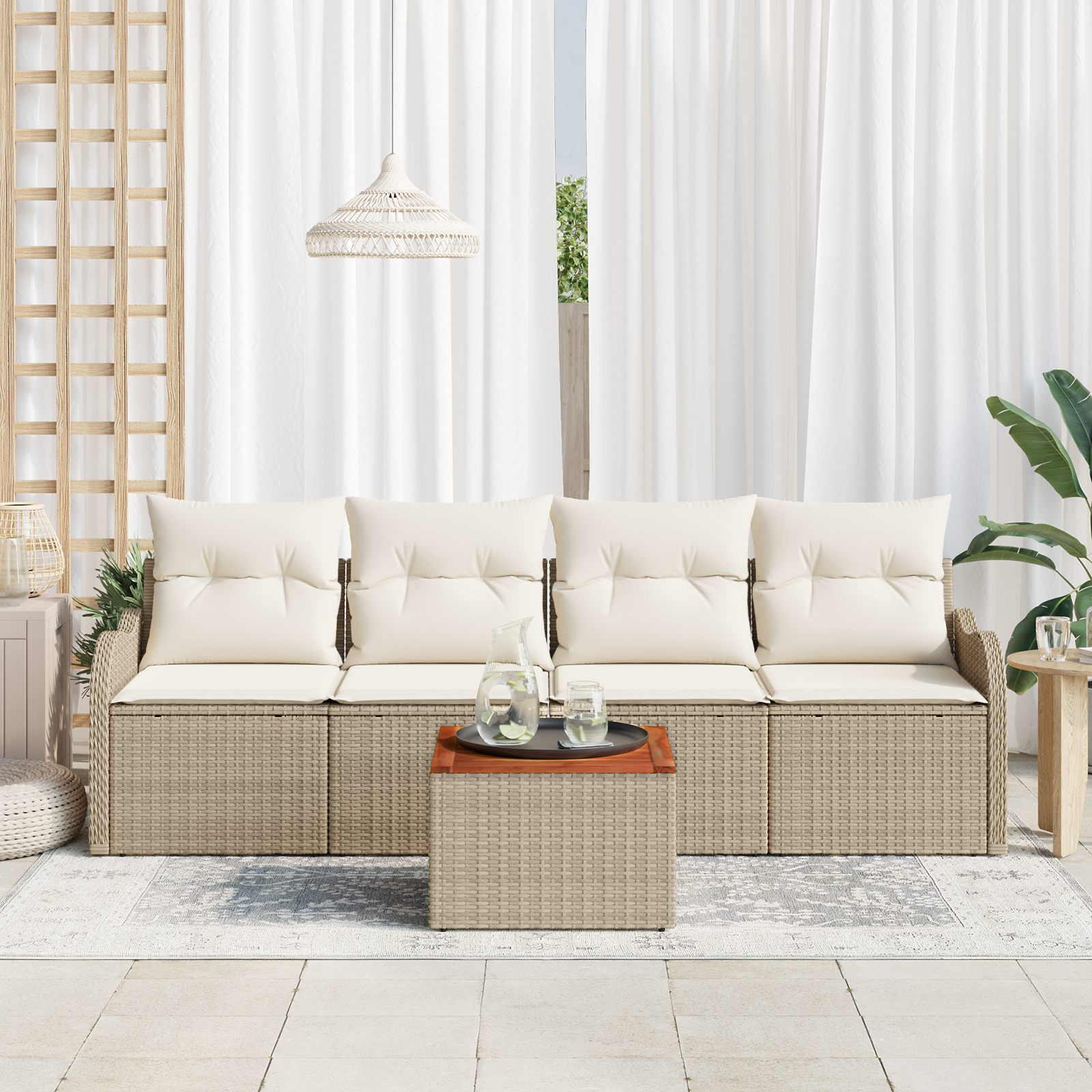 Set di Divani da Giardino  5 Pezzi con Cuscini Beige Polyrattan Acacia