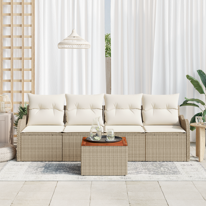 Set di Divani da Giardino  5 Pezzi con Cuscini Beige Polyrattan Acacia