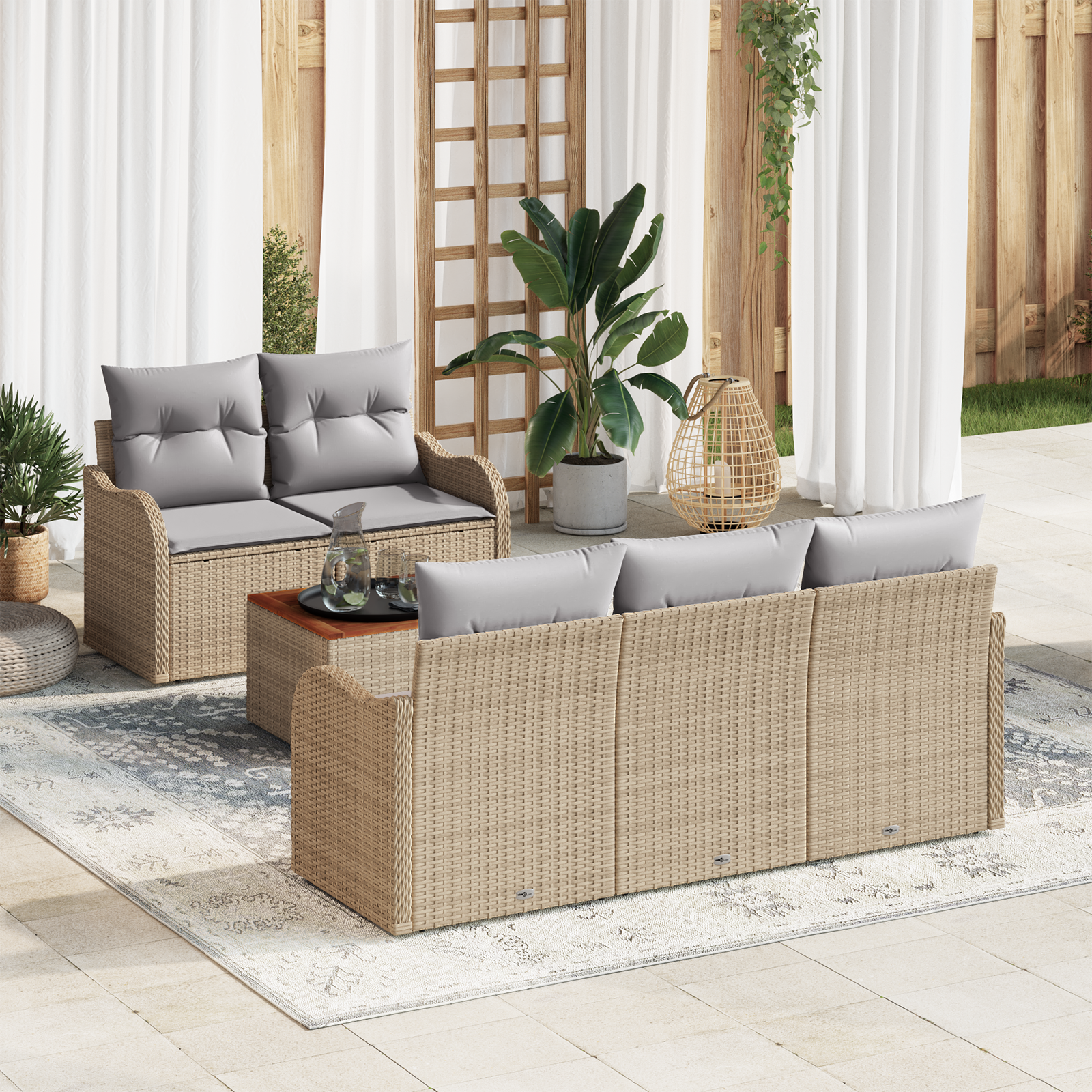 Set divani giardino  6 pezzi con cuscini beige in rattan sintetico e acacia