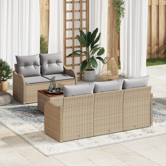 Set divani giardino  6 pezzi con cuscini beige in rattan sintetico e acacia