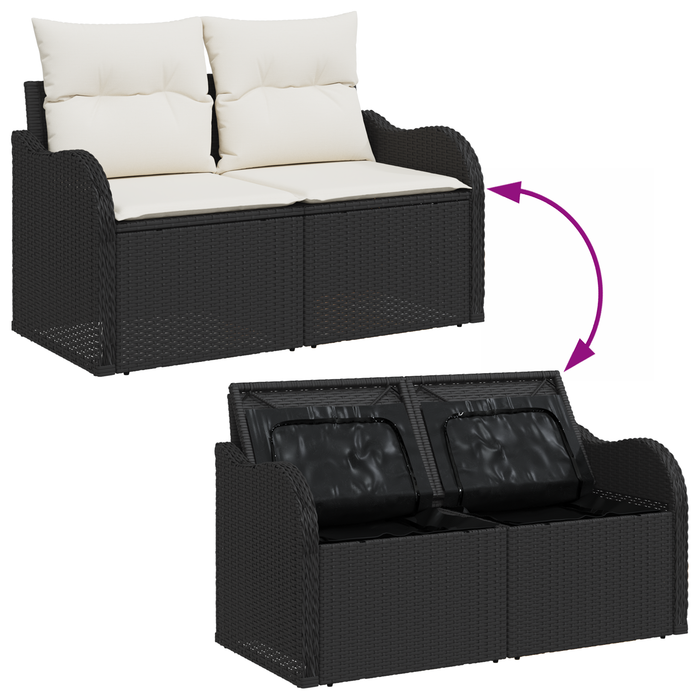 Set Divano da Giardino da 7 Pezzi con Cuscini Rattan Polilene Nero Acacia