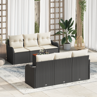 Set Divano da Giardino da 7 Pezzi con Cuscini Rattan Polilene Nero Acacia