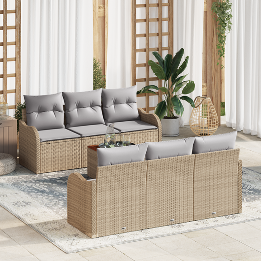 Set divano da giardino  7 pezzi con cuscini beige polyrattan acacia