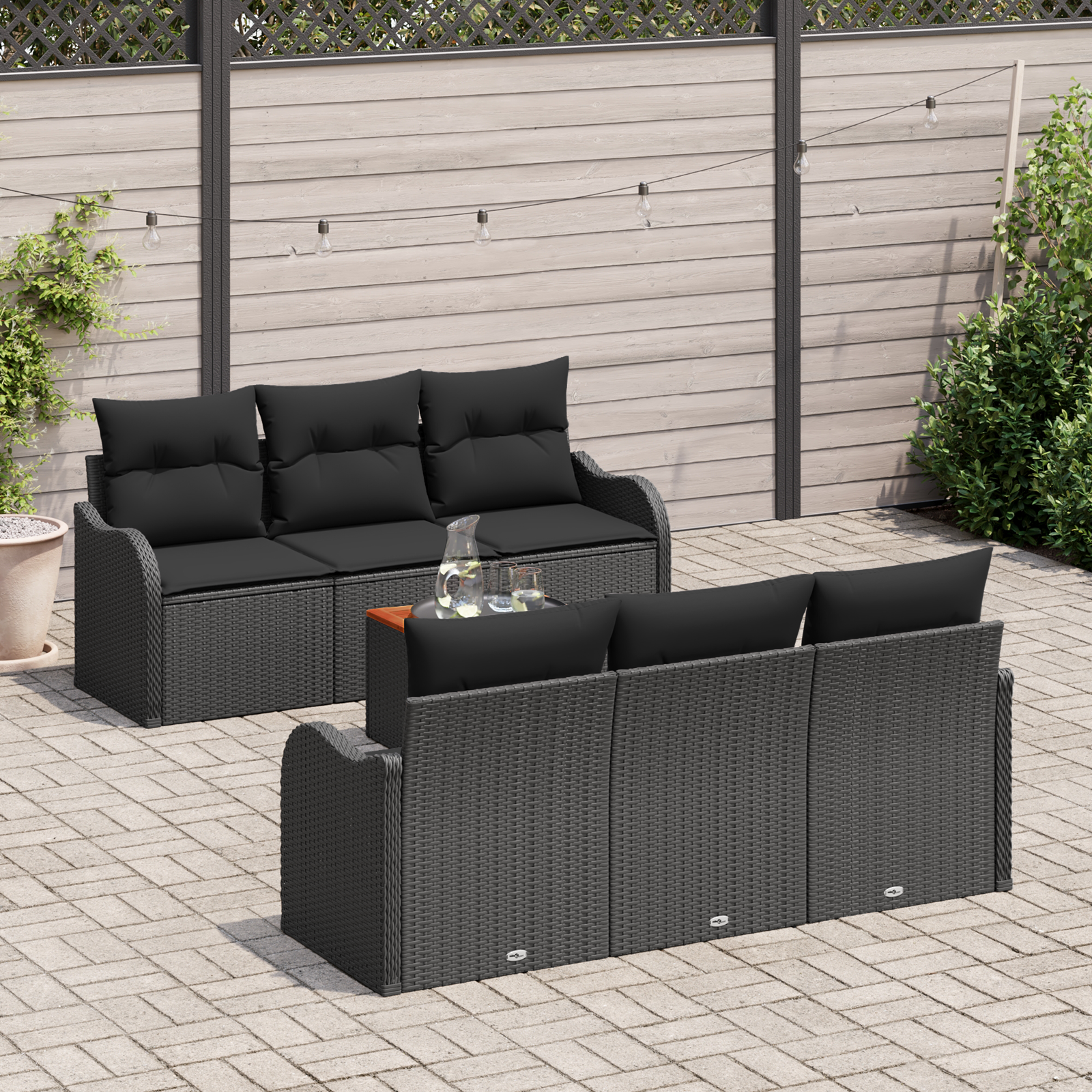Set Divano da Giardino  7 Pezzi con Cuscini Nero Polyrattan Acacia