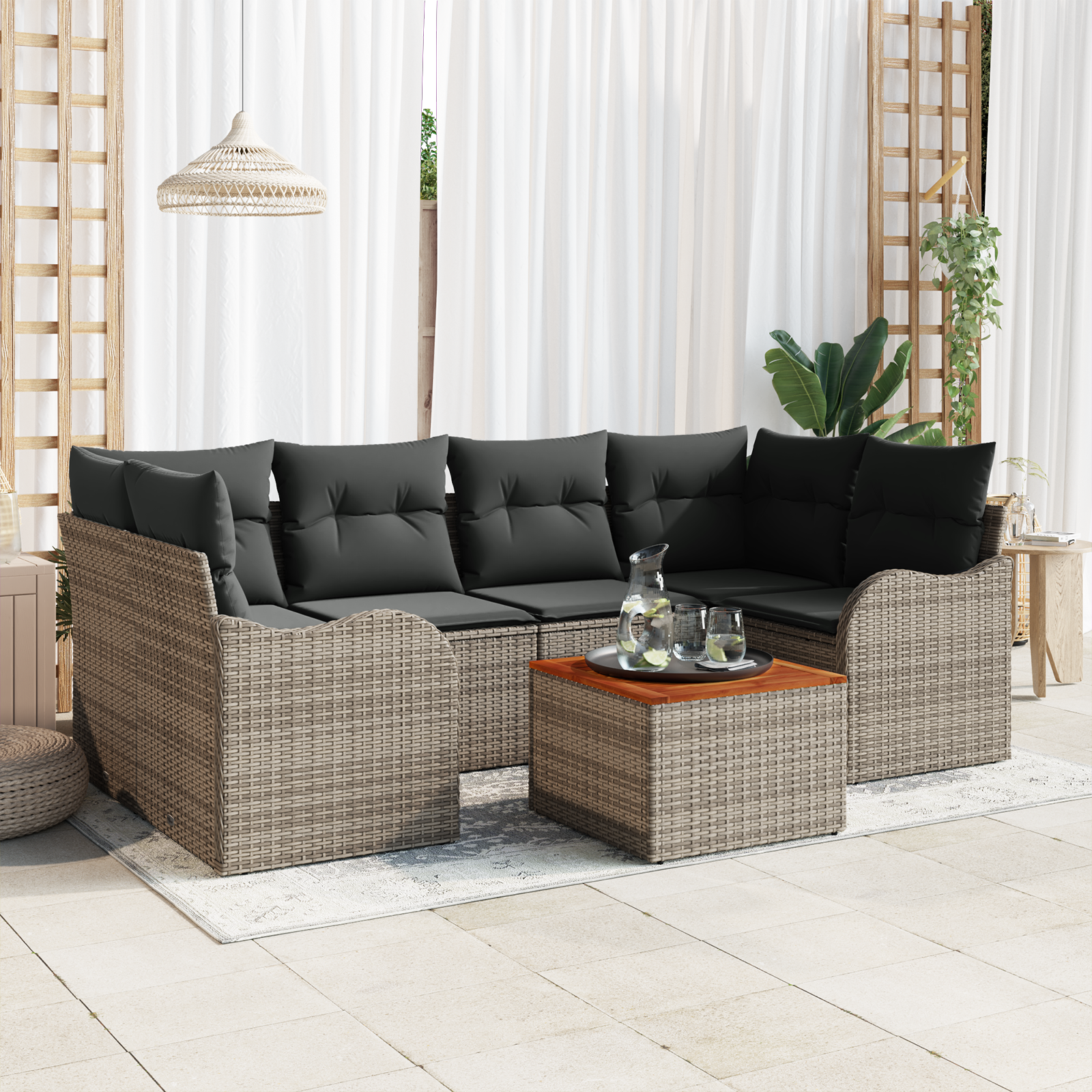 Set di Sofà da Giardino 7 Pezzi con Cuscini Grigio Polyrattan Acacia