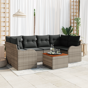 Set di Sofà da Giardino 7 Pezzi con Cuscini Grigio Polyrattan Acacia