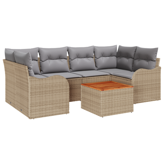 Set di Divani da Giardino 7 Pezzi con Cuscini Beige Polyrattan Acacia