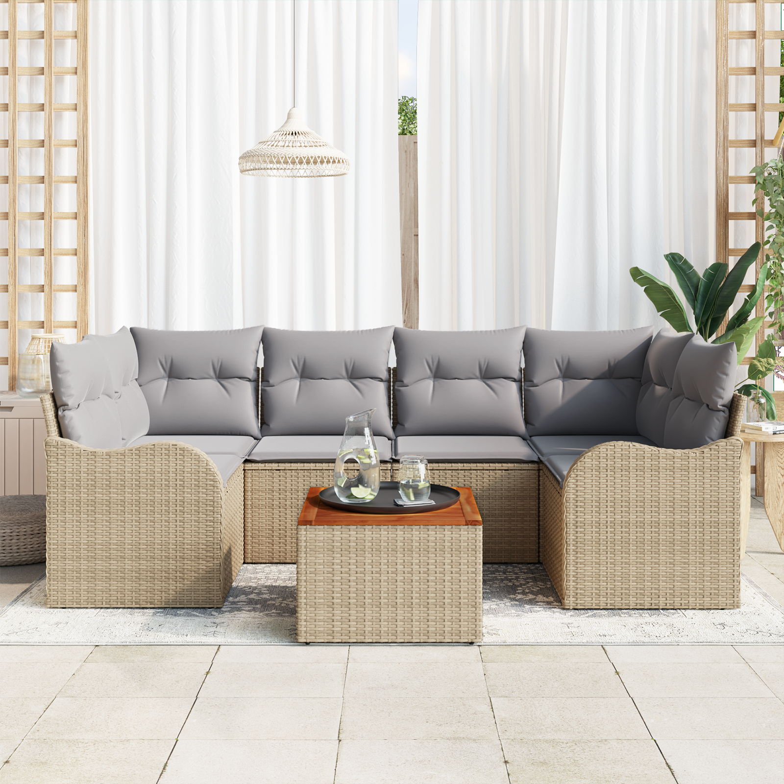 Set di Divani da Giardino 7 Pezzi con Cuscini Beige Polyrattan Acacia
