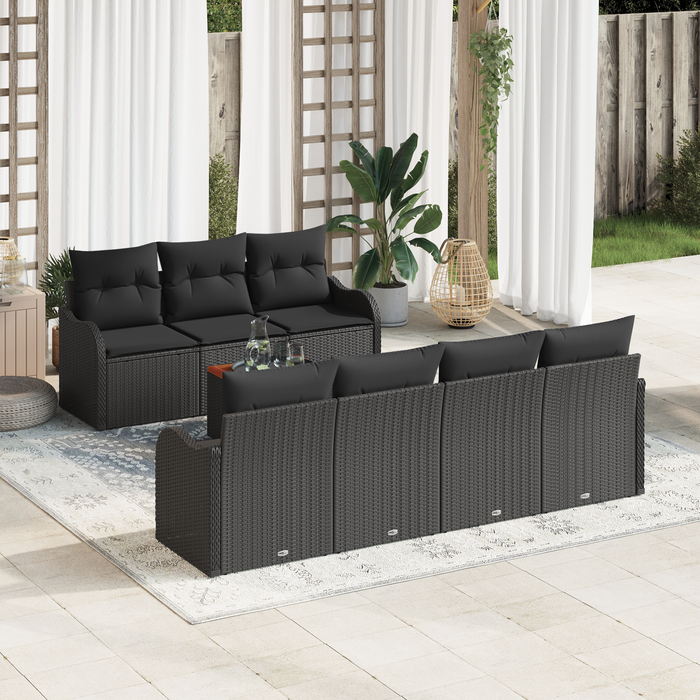 Set di 8 Pezzi di Divano da Giardino con Cuscini Rattan Nero Polyrattan Acacia