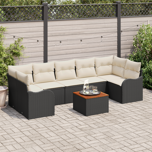 Set di Divano da Giardino da 8 Pezzi con Cuscini Nero Polyrattan Acacia