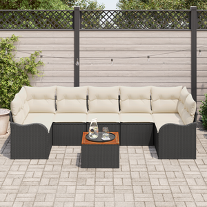 Set di Divano da Giardino da 8 Pezzi con Cuscini Nero Polyrattan Acacia