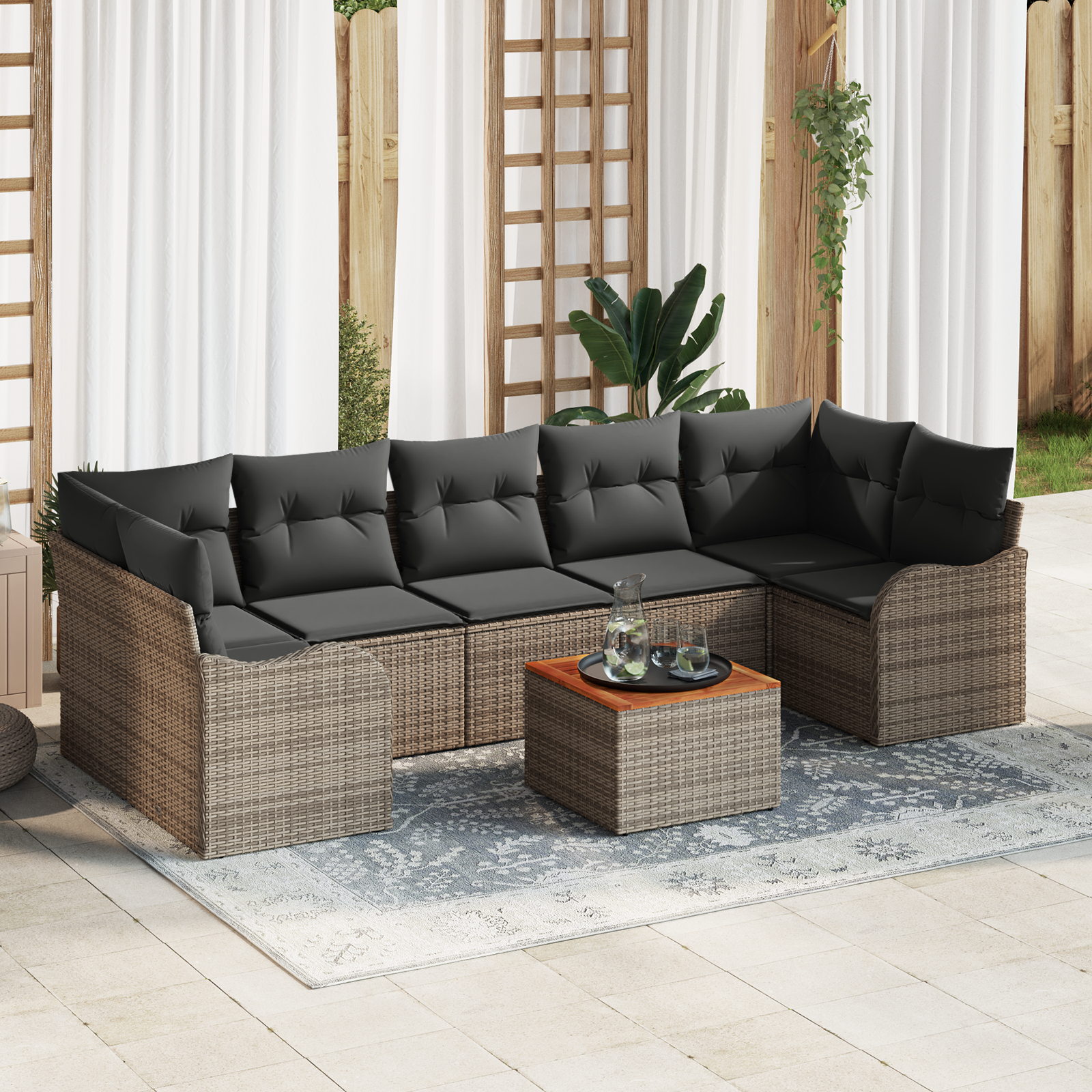 Set di Divano da Giardino 8 Pezzi con Cuscini Grigio Polyrattan Acacia