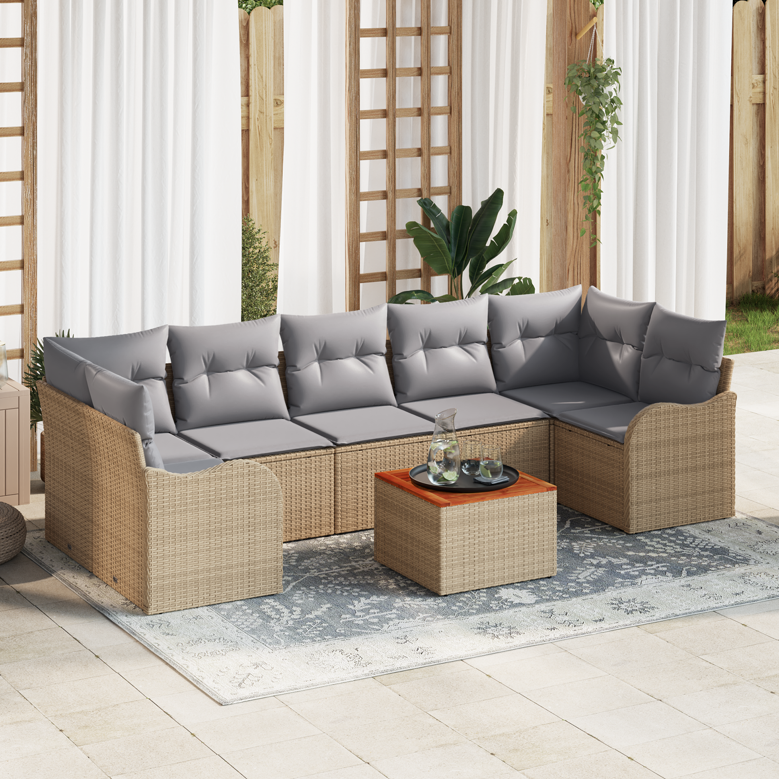 Set divano da giardino  8 pezzi con cuscini beige polyrattan acacia