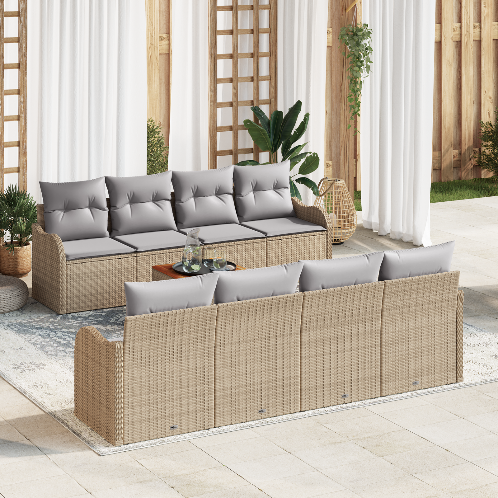Set di divani da giardino da 9 pezzi con cuscini beige in polyrattan e acacia