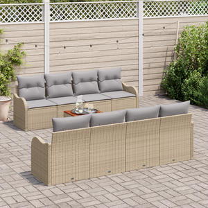 Set di divani da giardino da 9 pezzi con cuscini beige in polyrattan e acacia