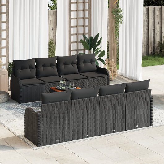 Set Divano da Giardino da 9 Pezzi con Cuscini Nero Polyrattan Acacia