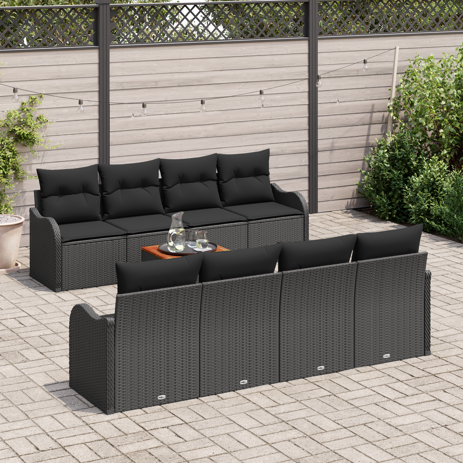 Set Divano da Giardino da 9 Pezzi con Cuscini Nero Polyrattan Acacia