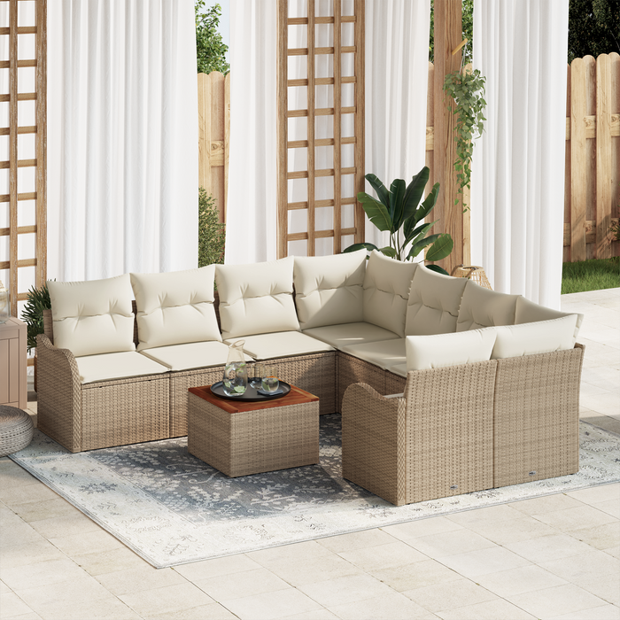 Set Divano da Giardino  9 Pezzi con Cuscini Beige Rattan Sintetico Acacia