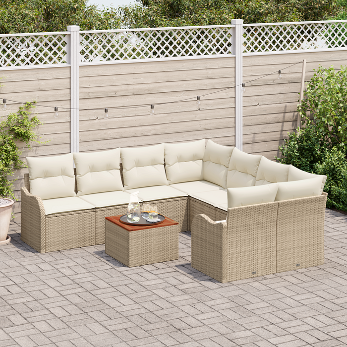 Set Divano da Giardino  9 Pezzi con Cuscini Beige Rattan Sintetico Acacia